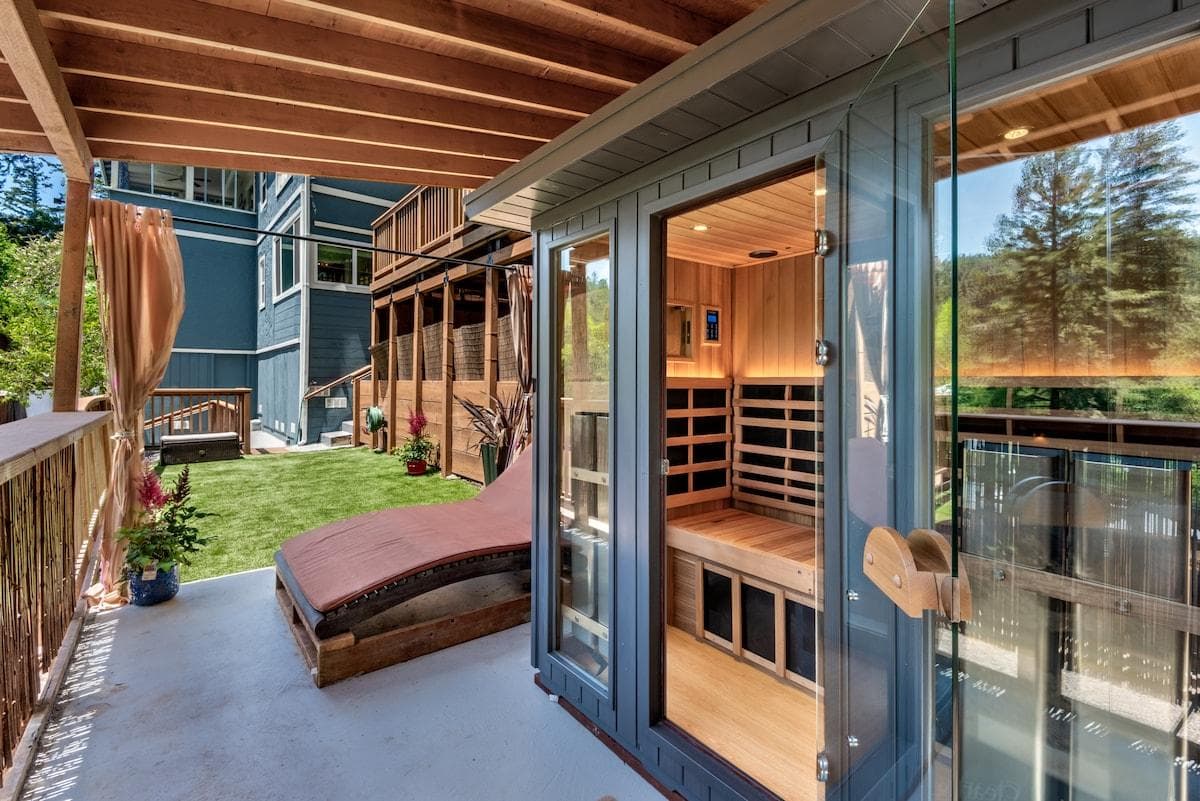 [Deck] Clearlight full-spectrum infrared sauna overlooking peaceful redwoods