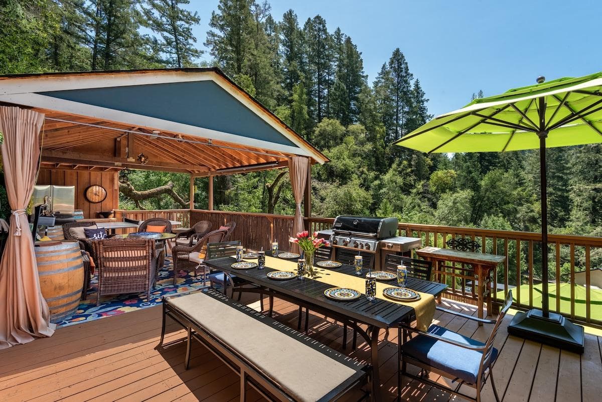 [Balcony] Outdoor dining & BBQ grill with Camp Meeker forest views